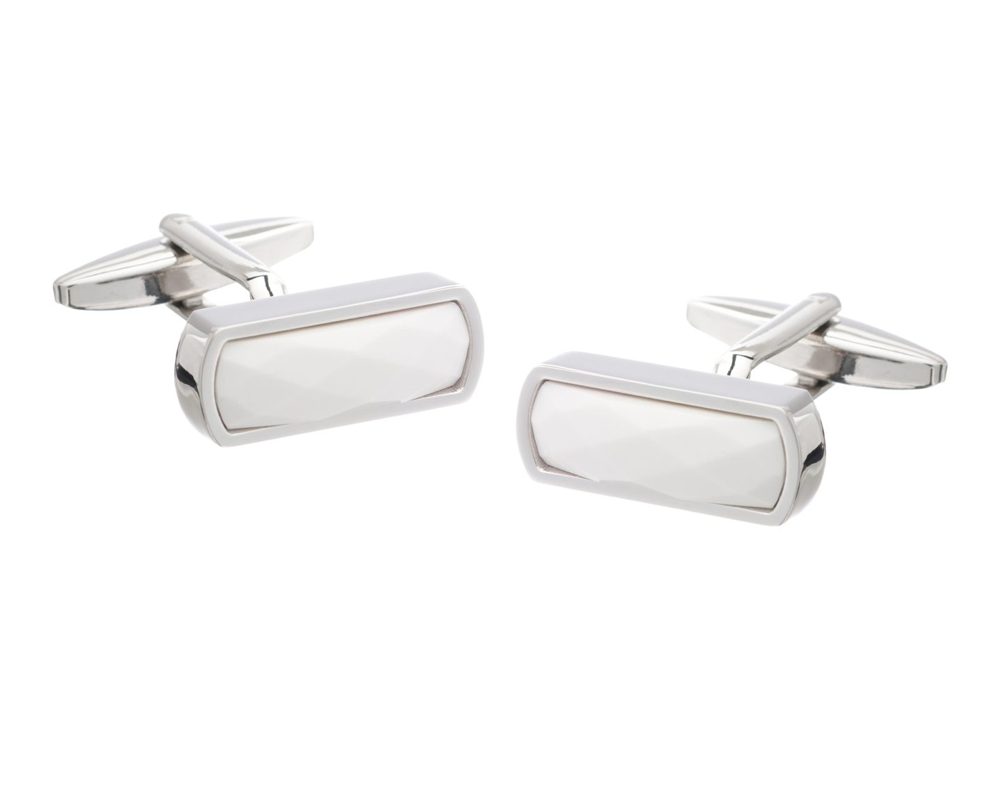 Narrow Rectangular Faceted White Cufflinks