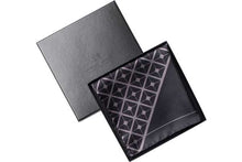 Load image into Gallery viewer, Diagonal Square Black and Grey Silk Pocket Square in gift box By Elizabeth Parker
