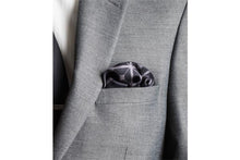 Load image into Gallery viewer, Diagonal Square Black and Grey Silk Pocket Square in jacket pocket By Elizabeth Parker

