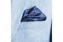 Load image into Gallery viewer, Check Grid Navy Silk Pocket Square by Elizabeth Parker in jacket pocket
