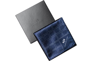 Check Grid Navy Silk Pocket Square by Elizabeth Parker in gift box