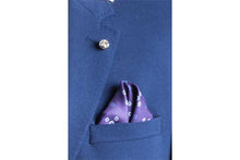 Load image into Gallery viewer, Sky Blue Revolving Knot Silk Pocket Square by Elizabeth Parker in jacket pocket
