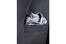 Load image into Gallery viewer, Paisley Swirl Silk Pocket Square Light and Dark Grey by Elizabeth Parker in jacket pocket
