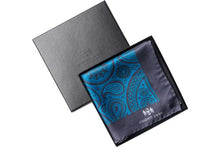 Load image into Gallery viewer, Paisley Swirl Silk Pocket Square Teal and Grey by Elizabeth Parker in gift box
