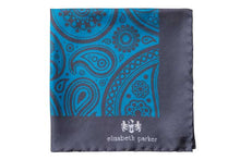 Load image into Gallery viewer, Paisley Swirl Silk Pocket Square Teal and Grey by Elizabeth Parker
