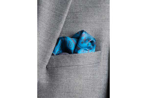 Paisley Swirl Silk Pocket Square Teal and Grey by Elizabeth Parker in jacket pocket