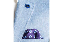 Load image into Gallery viewer, Blue Daisy Do Silk Pocket Square by Elizabeth Parker in jacket pocket
