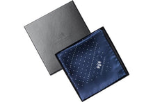 Load image into Gallery viewer, Navy Multi Dotty Silk Pocket Square by Elizabeth Parker in gift box
