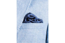 Load image into Gallery viewer, Navy Multi Dotty Silk Pocket Square by Elizabeth Parker in jacket pocket
