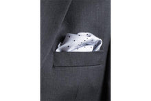 Load image into Gallery viewer, Grey Multi Dotty Silk Pocket Square By Elizabeth Parker in jacket pocket
