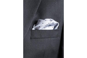 Grey Multi Dotty Silk Pocket Square By Elizabeth Parker in jacket pocket