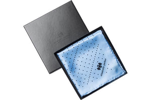 Sky Blue Multi Dotty Silk Pocket Square by Elizabeth Parker in gift box